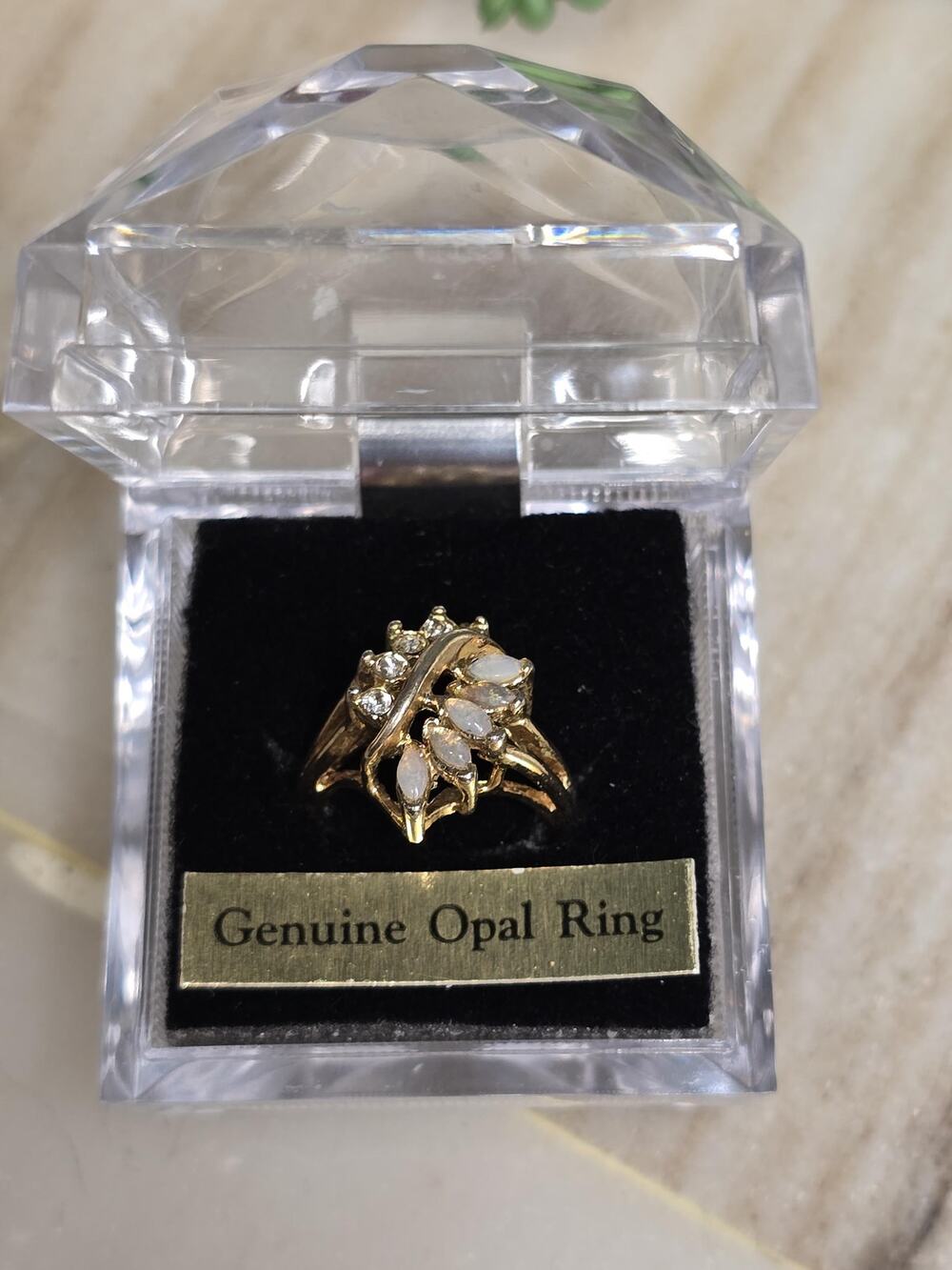 Vintage Uncas Opal Rhinestone Cocktail Ring Size 6.5